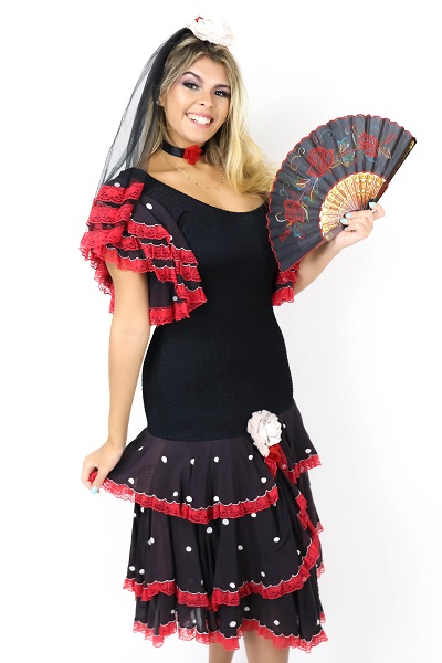 Espanhola vestido preto babado bolinhas 
